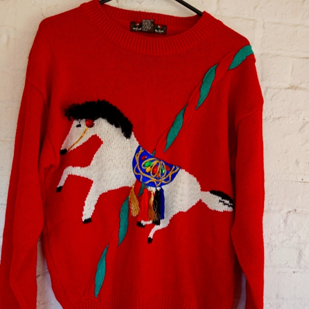 Vintage Jordache Studios Carousel Horse Crew Neck Sweater Size M Red/Green